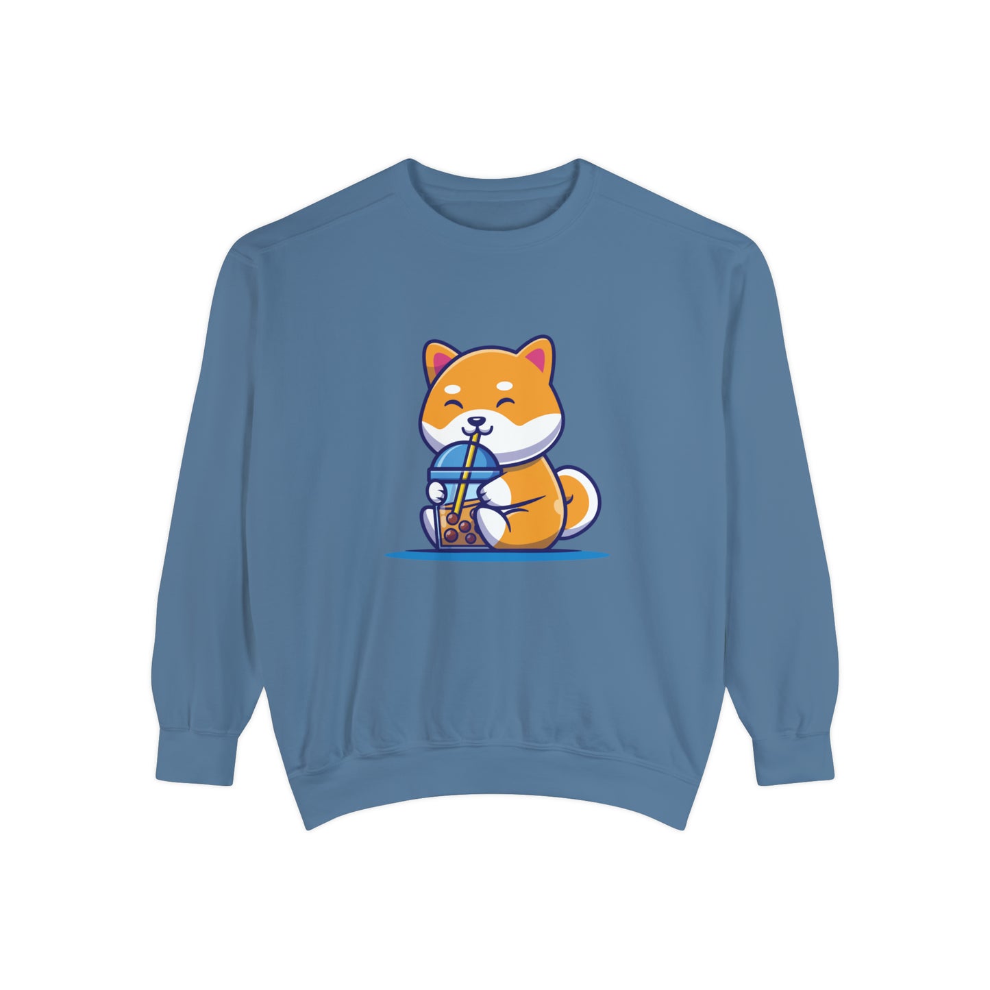 Cute Shiba Inu Drinking Boba Unisex Garment-Dyed Sweatshirt (S-XL)