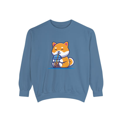 Cute Shiba Inu Drinking Boba Unisex Garment-Dyed Sweatshirt (2XL/3XL)