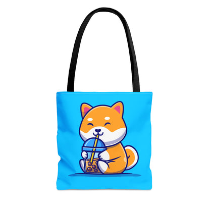 Turquoise Bag with black Handles with orange shiba Inu sitting and drinking boba