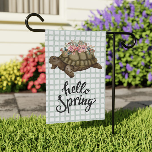 Hello Spring Turtle with Flowers Garden Flag