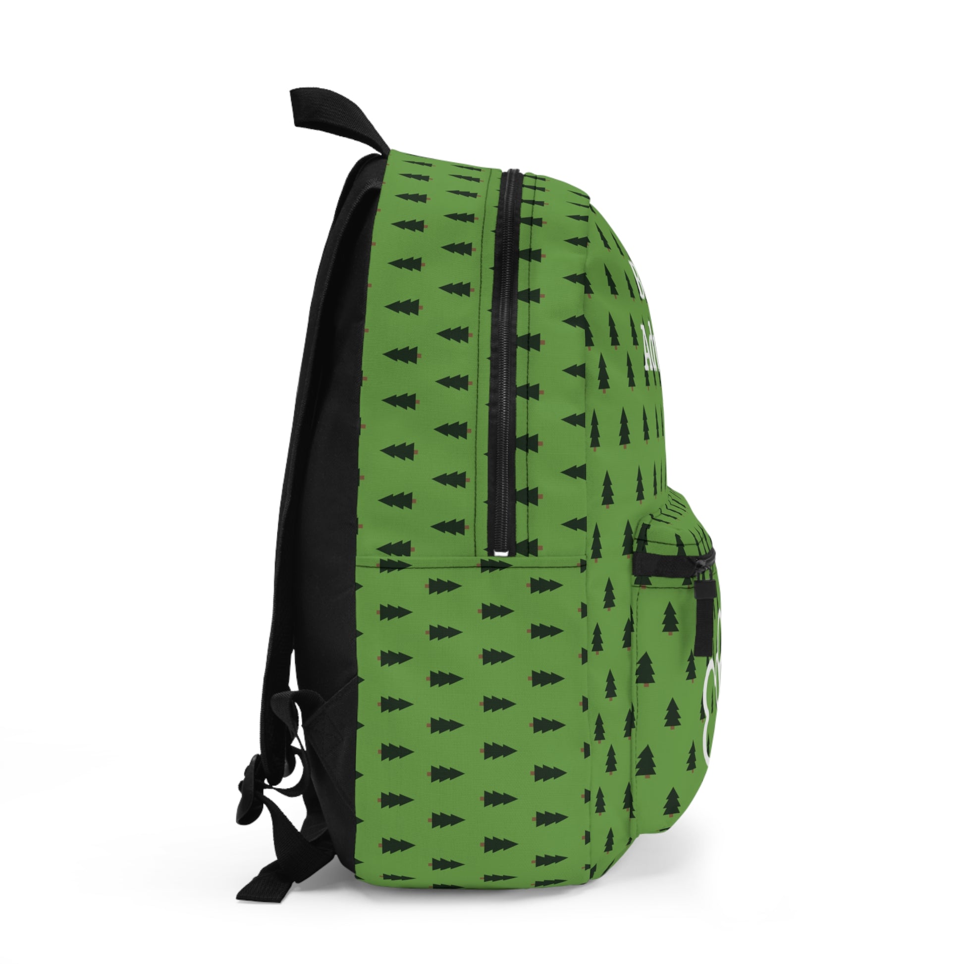 Right side of green backpack with pine tree pattern. The top front has "Bosco's Adventures Bag" and the front of the pocket featuring an outline of a dog bone with a paw print in the middle of it.