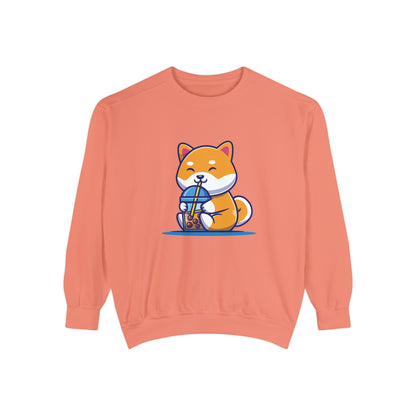 Cute Shiba Inu Drinking Boba Unisex Garment-Dyed Sweatshirt (S-XL)