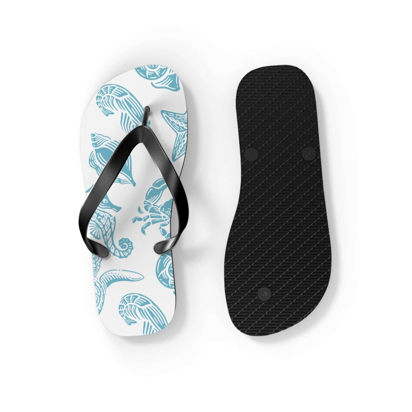 Turtle Beachy Flip Flops with nautical shell print and black sole, perfect for summer beach outings.