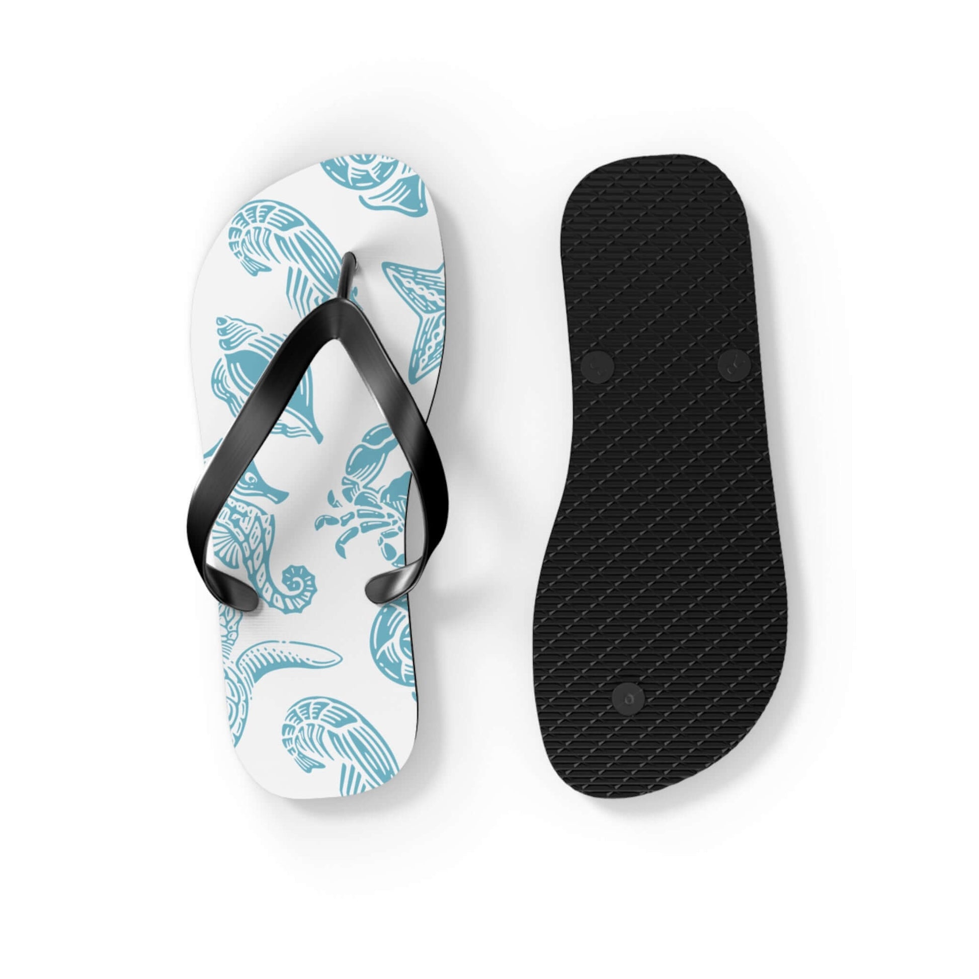 Turtle Beachy Flip Flops with nautical shell print and black sole, perfect for summer beach outings.