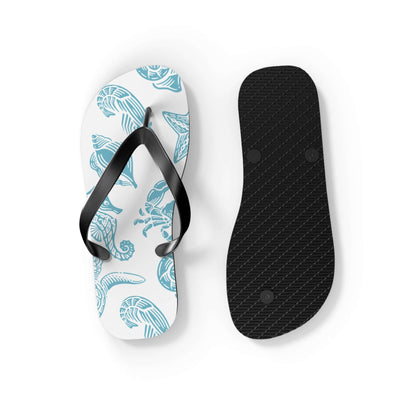 Turtle Beachy Flip Flops with nautical shell print and black sole, perfect for summer beach outings.