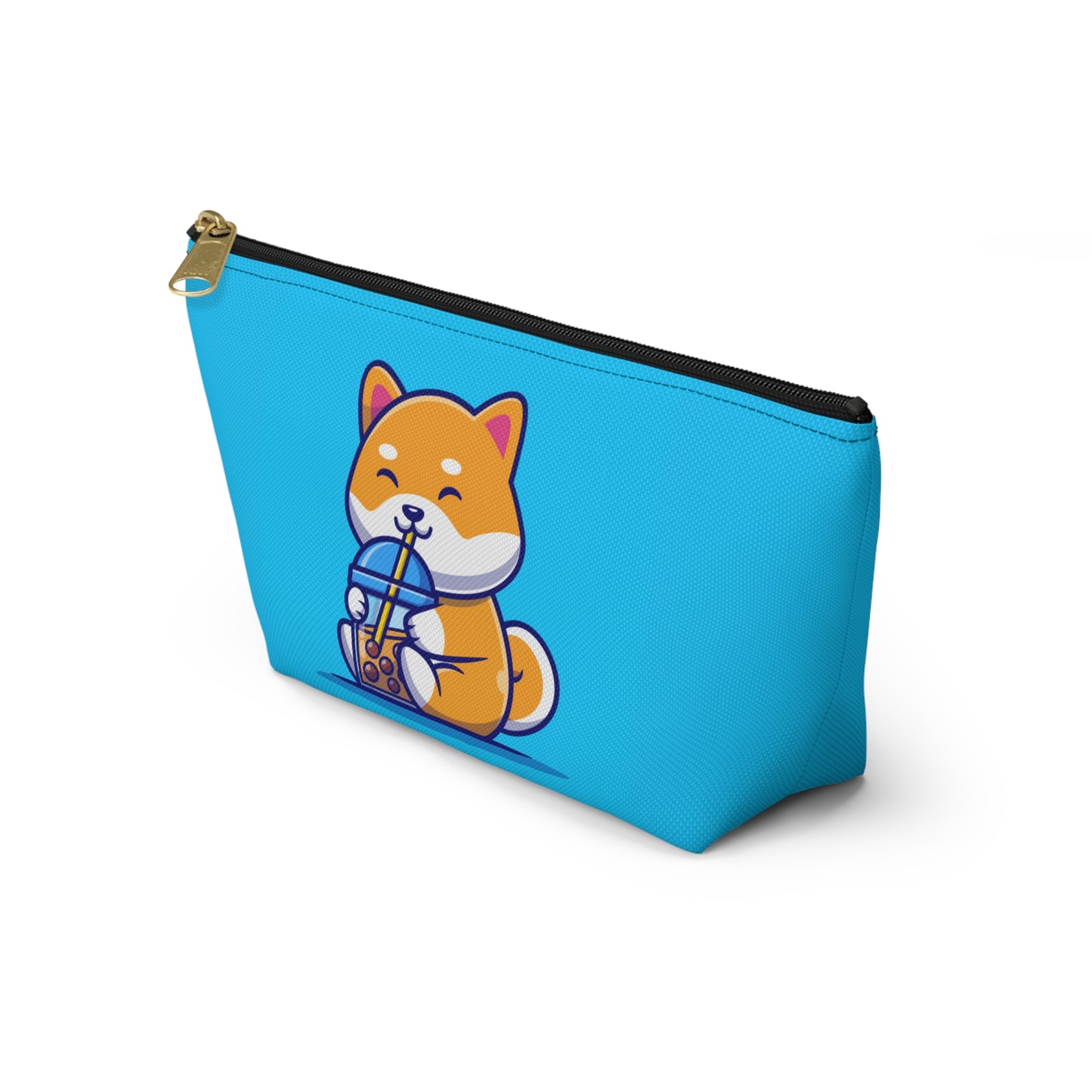 Side view of small Turquoise pouch with cute shiba inu drinking Boba design, black zipper