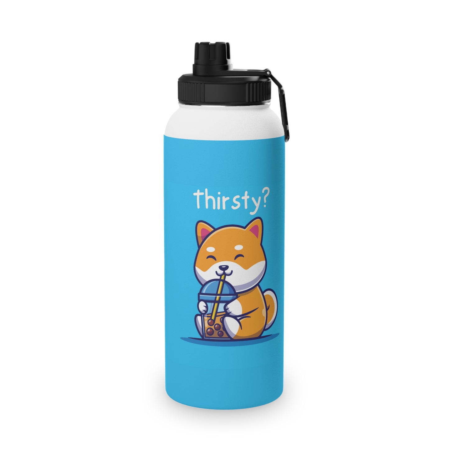 Cute Shiba Inu Drinking Boba Stainless Steel Water Bottle W/ Sports Lid (12 oz, 18 oz, 32 oz)