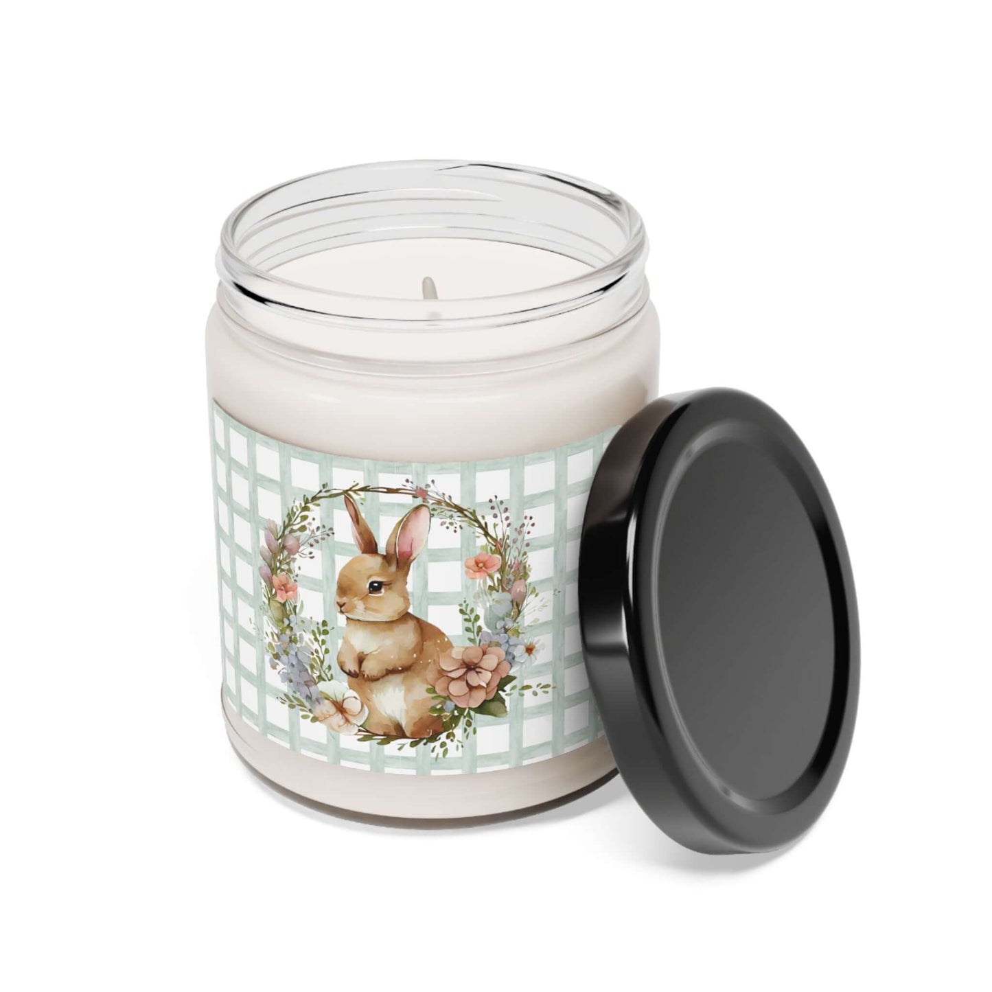 open glass candle jar with spring themed design featuring a rabbit with a floral wreath 