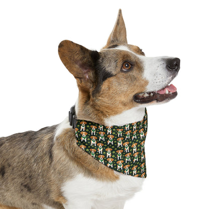 Dark tri-color Corgi with a st. patricks day bandana collar. Pattern is AI Generated and a dark green background with beagle type dogs and clovers on it. 