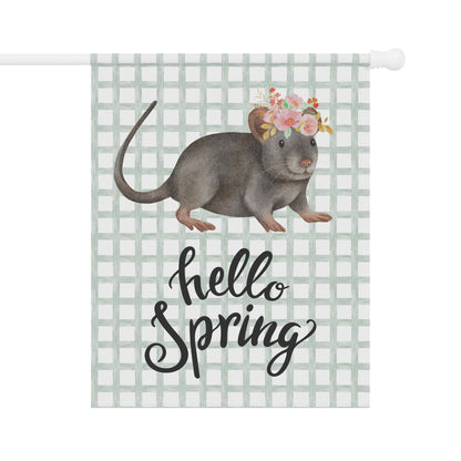 Hello Spring Rat with Flowers Garden Flag