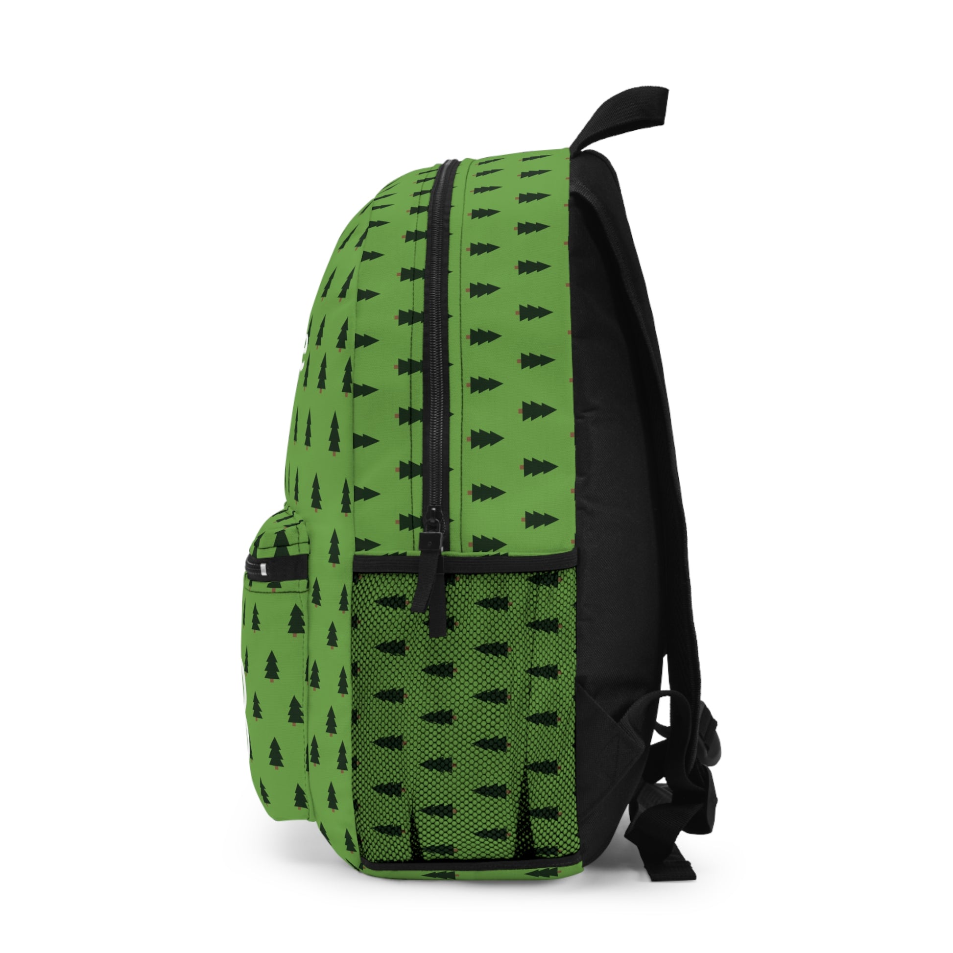 Left side of green backpack with pine tree pattern. The top front has "Bosco's Adventures Bag" and the front of the pocket featuring an outline of a dog bone with a paw print in the middle of it. and a mesh bottle pocket. 