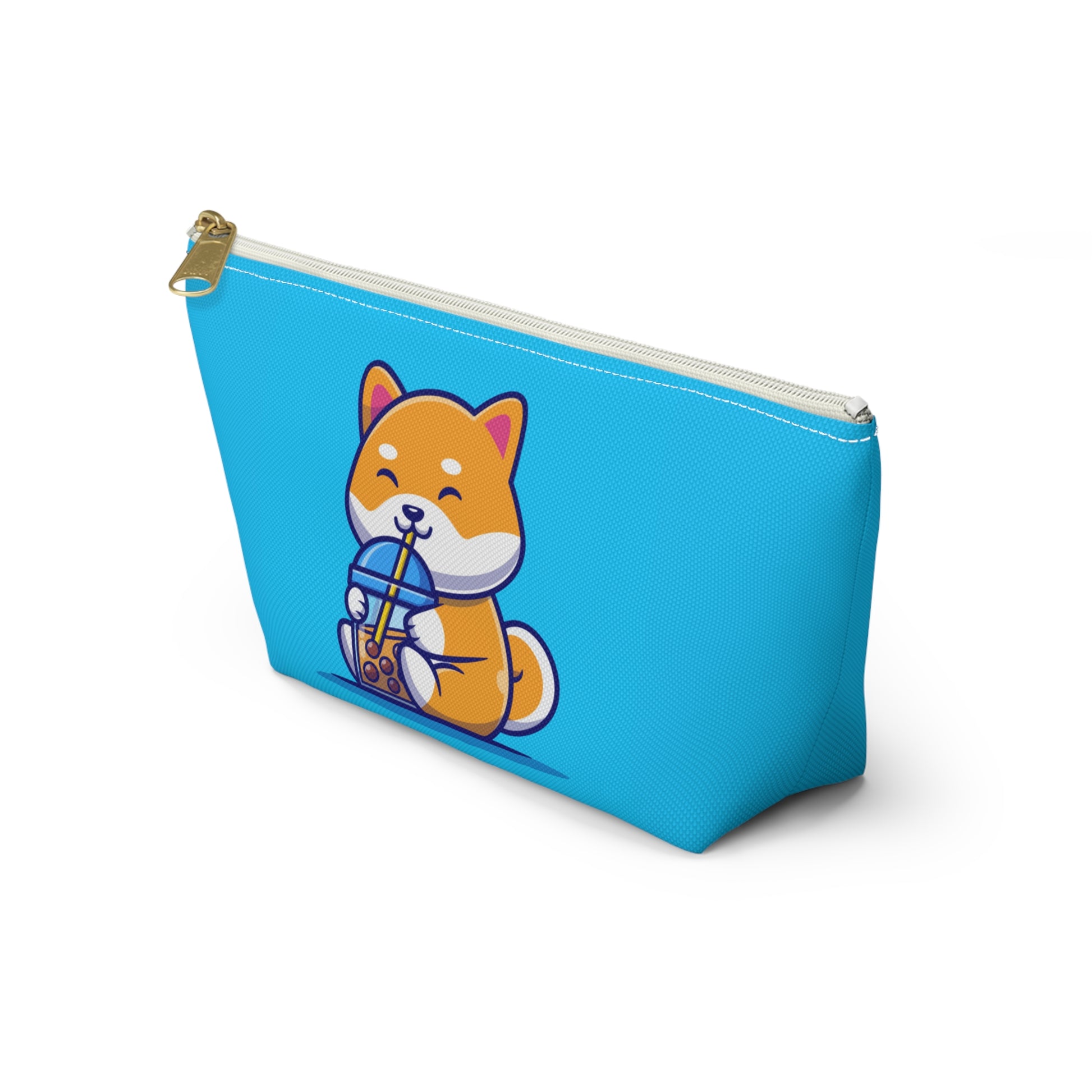 side view of Turquoise pouch with cute shiba inu drinking Boba  design, white zipper