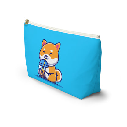 Side view of large Turquoise pouch with cute shiba inu drinking Boba design, white zipper