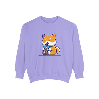 Cute Shiba Inu Drinking Boba Unisex Garment-Dyed Sweatshirt (S-XL)