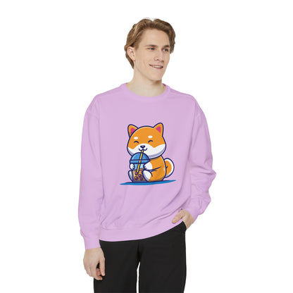 Cute Shiba Inu Drinking Boba Unisex Garment-Dyed Sweatshirt (S-XL)