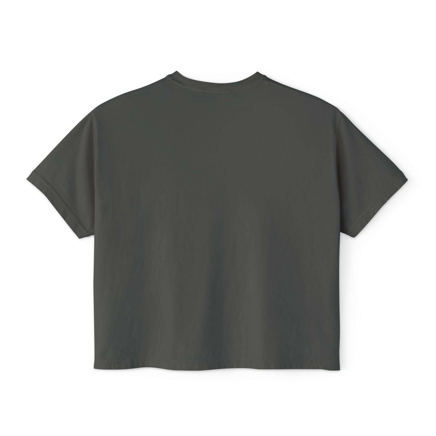 Back view of Playful Pug Donut Women’s Boxy Tee, a comfy box tee shirt in a vintage grey color.