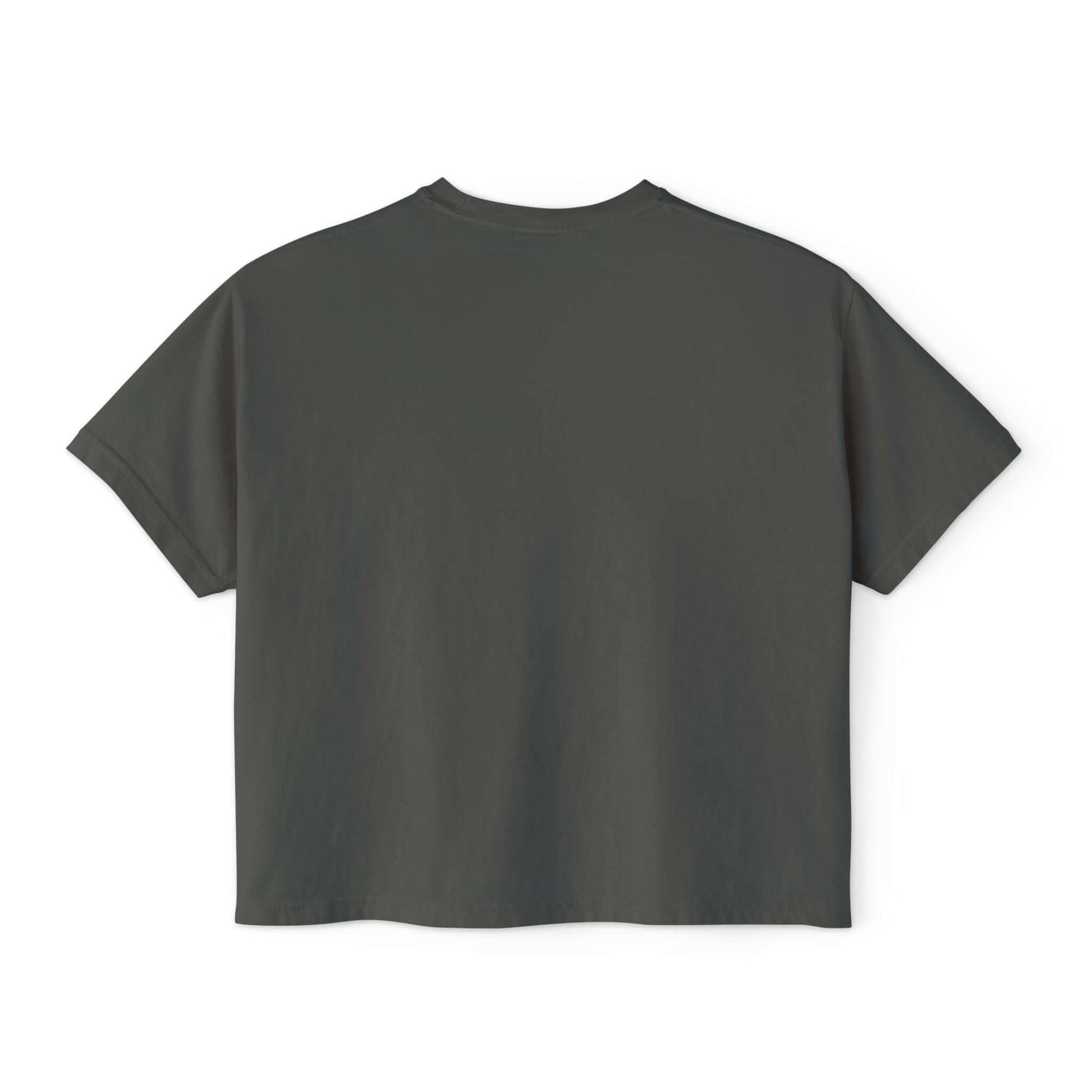 Back view of Playful Pug Donut Women’s Boxy Tee, a comfy box tee shirt in a vintage grey color.