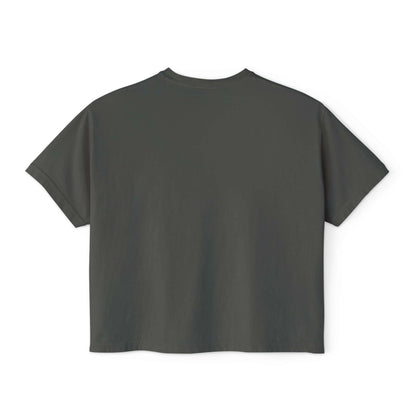 Back view of Playful Pug Donut Women’s Boxy Tee, a comfy box tee shirt in a vintage grey color.