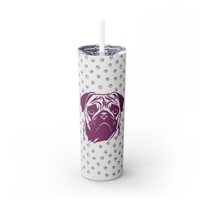 Front of tumbler with gray paw print pattern background and a purple punkish pug graphic