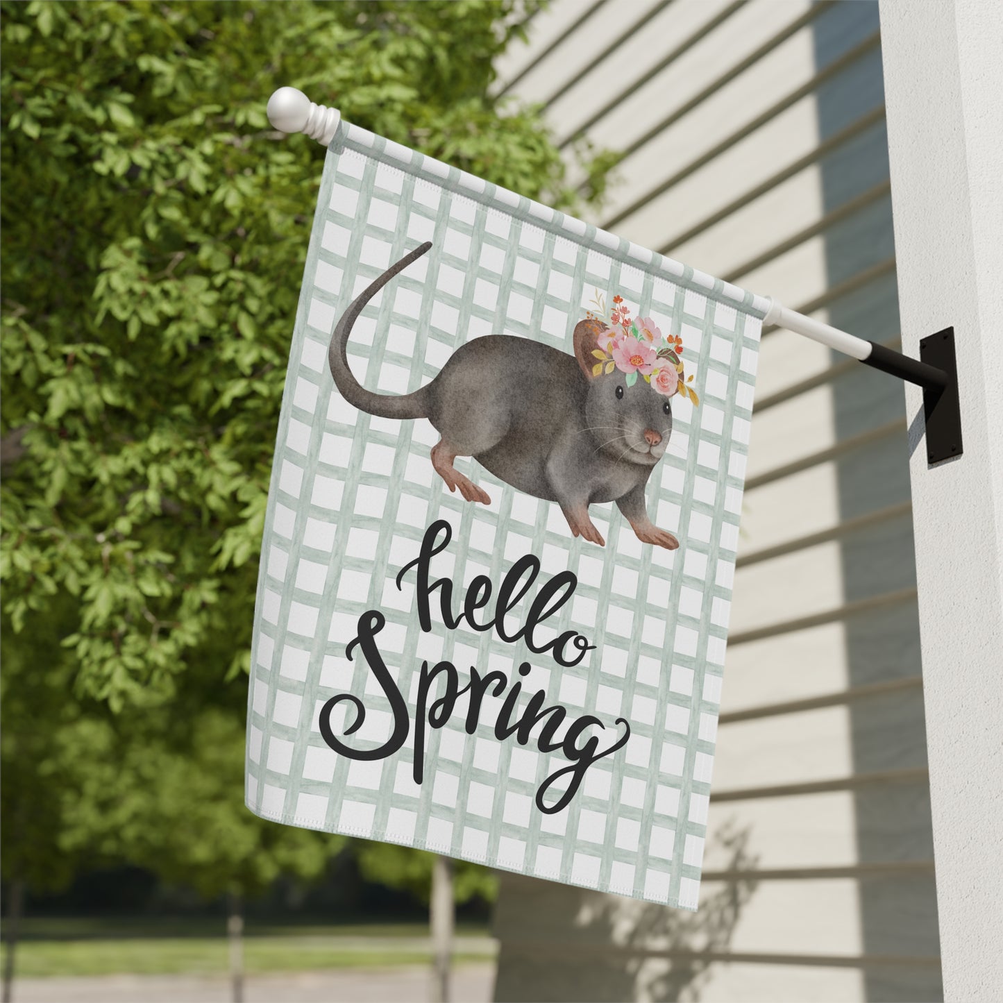 Hello Spring Rat with Flowers Garden Flag