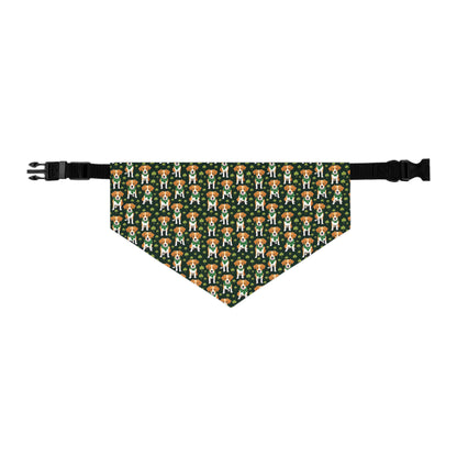 Large pet bandana collar on white background. Pattern is AI Generated and a dark green background with beagle type dogs and clovers on it.