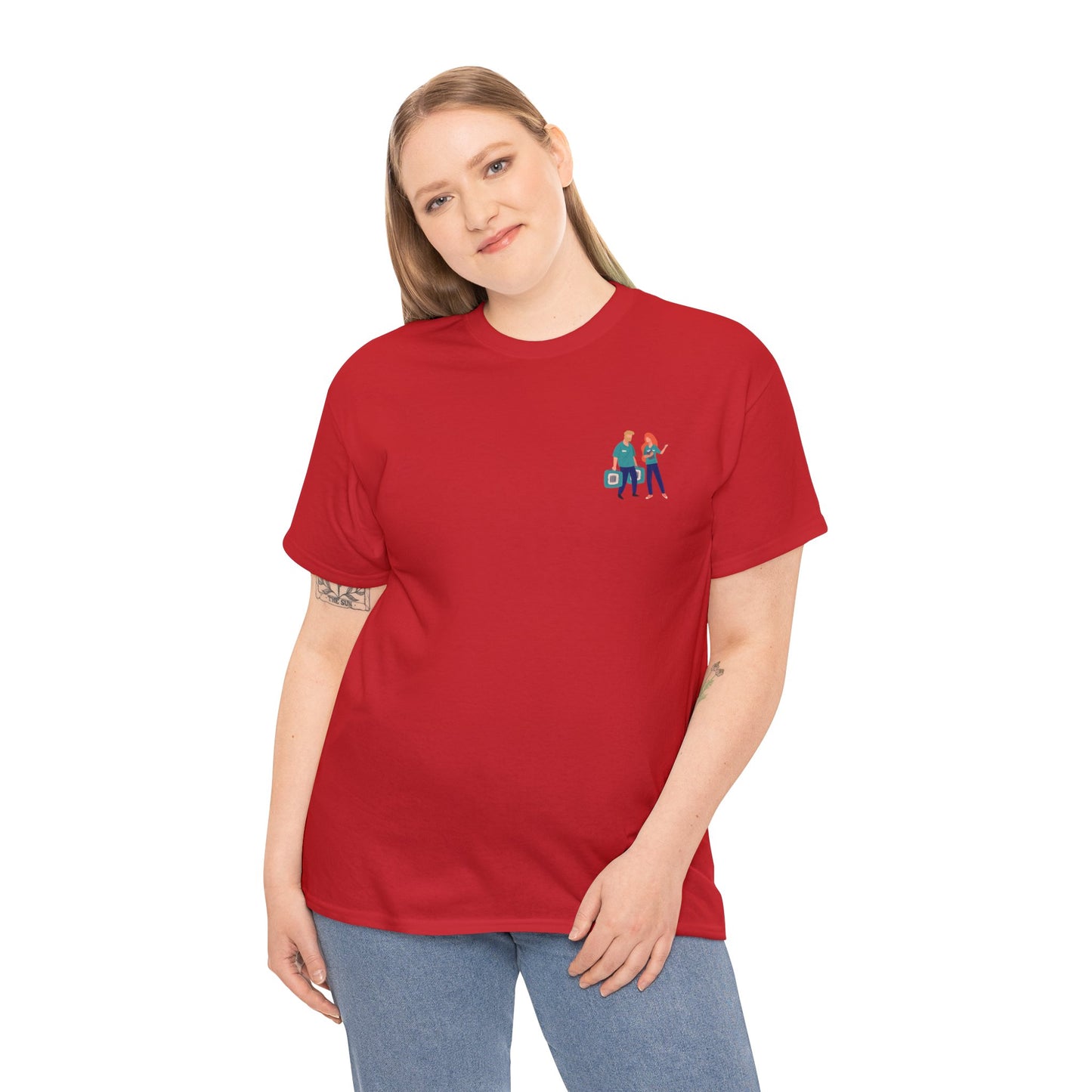 White woman with blonde hair wearing a red t-shirt with a chest pocket image of two animal shelter workers. 