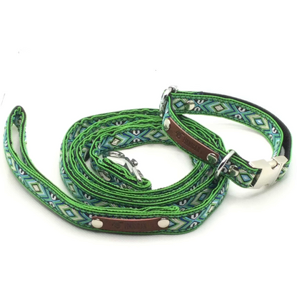 Green Boho Dog Collar and Leash Set (Personalization Available)