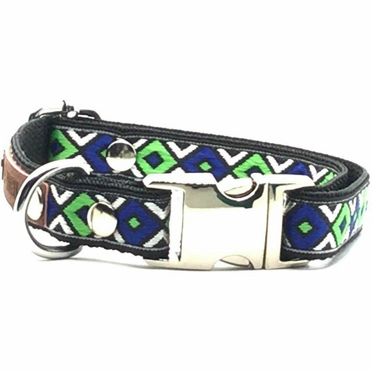 Blue & Lime Green Boho Dog Collar and Leash Set (Personalization Available)