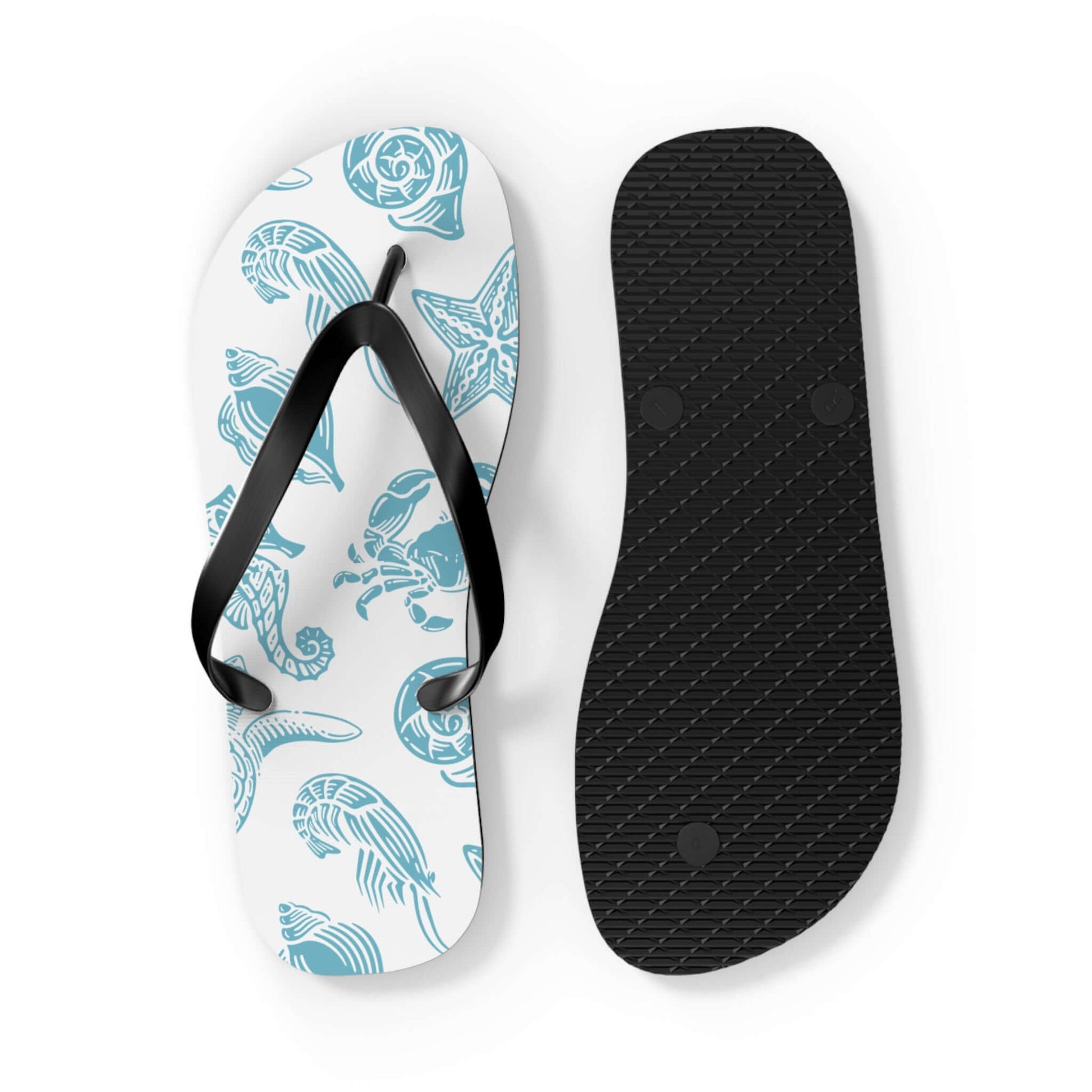 Turtle Beachy Flip Flops with ocean shell print, perfect summer sandals for beach outings and poolside lounging.