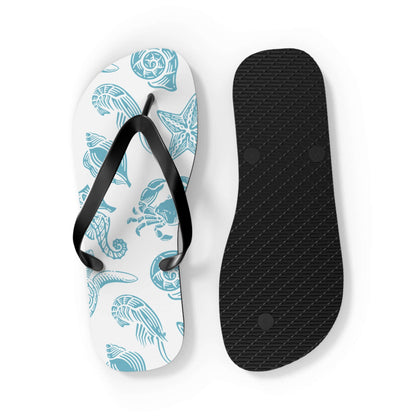 Turtle Beachy Flip Flops with ocean shell print, perfect summer sandals for beach outings and poolside lounging.