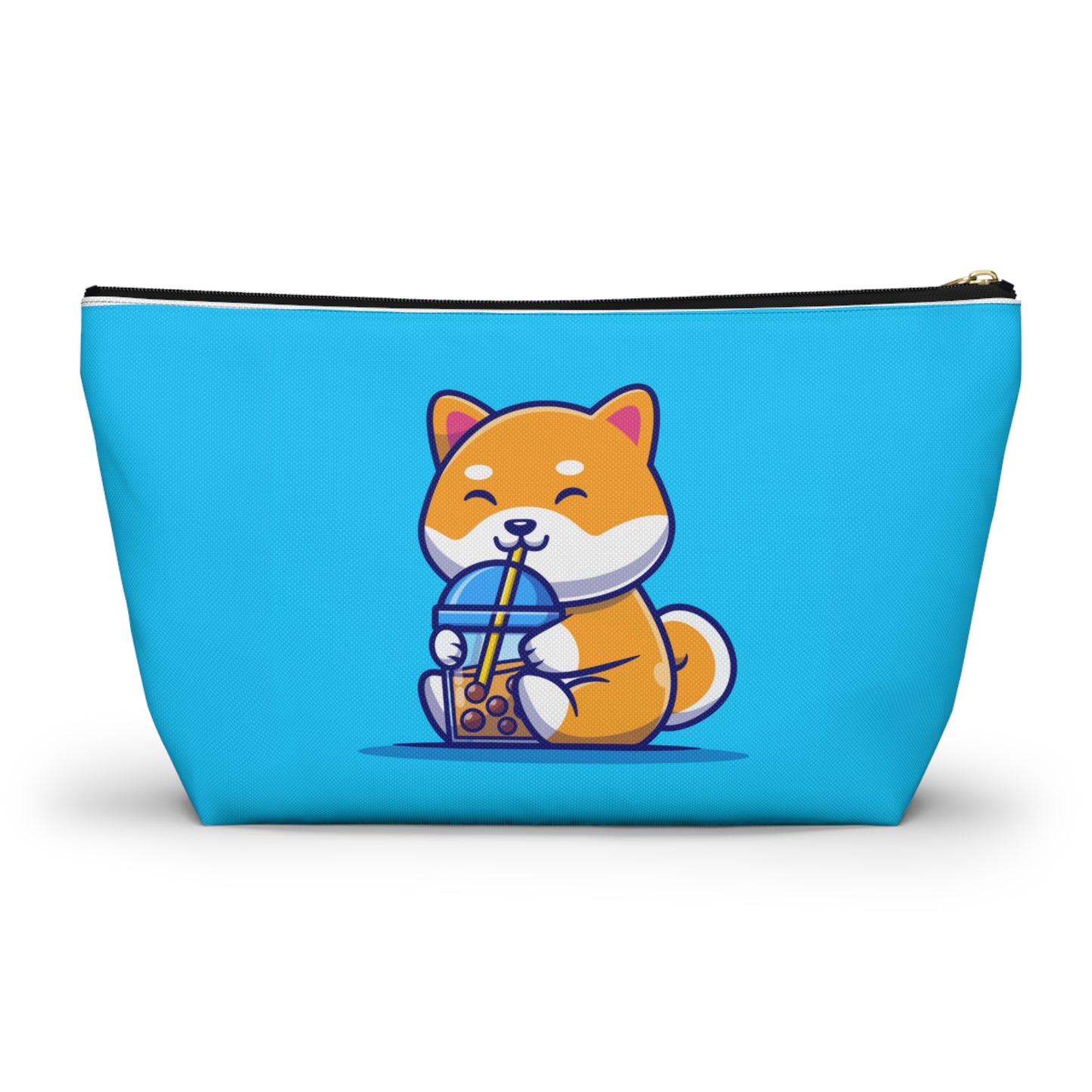 front view of large Turquoise pouch with cute shiba inu drinking Boba design, black zipper