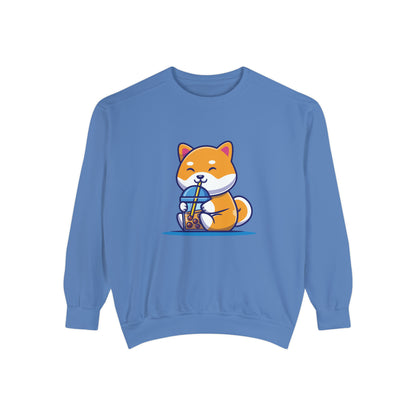 Cute Shiba Inu Drinking Boba Unisex Garment-Dyed Sweatshirt (S-XL)