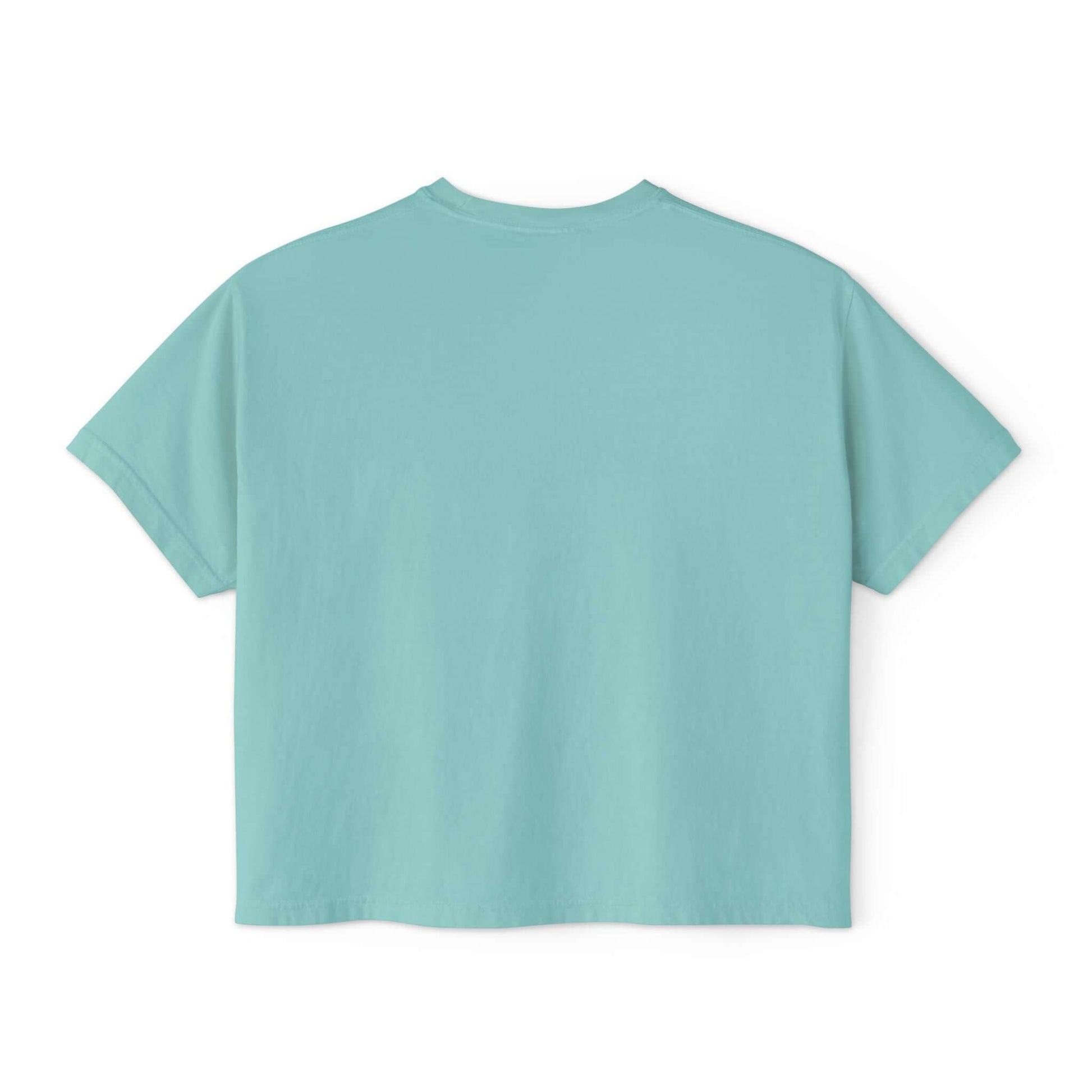 Back view of Playful Pug Donut Women’s Boxy Tee in teal, showcasing its relaxed fit and soft fabric.