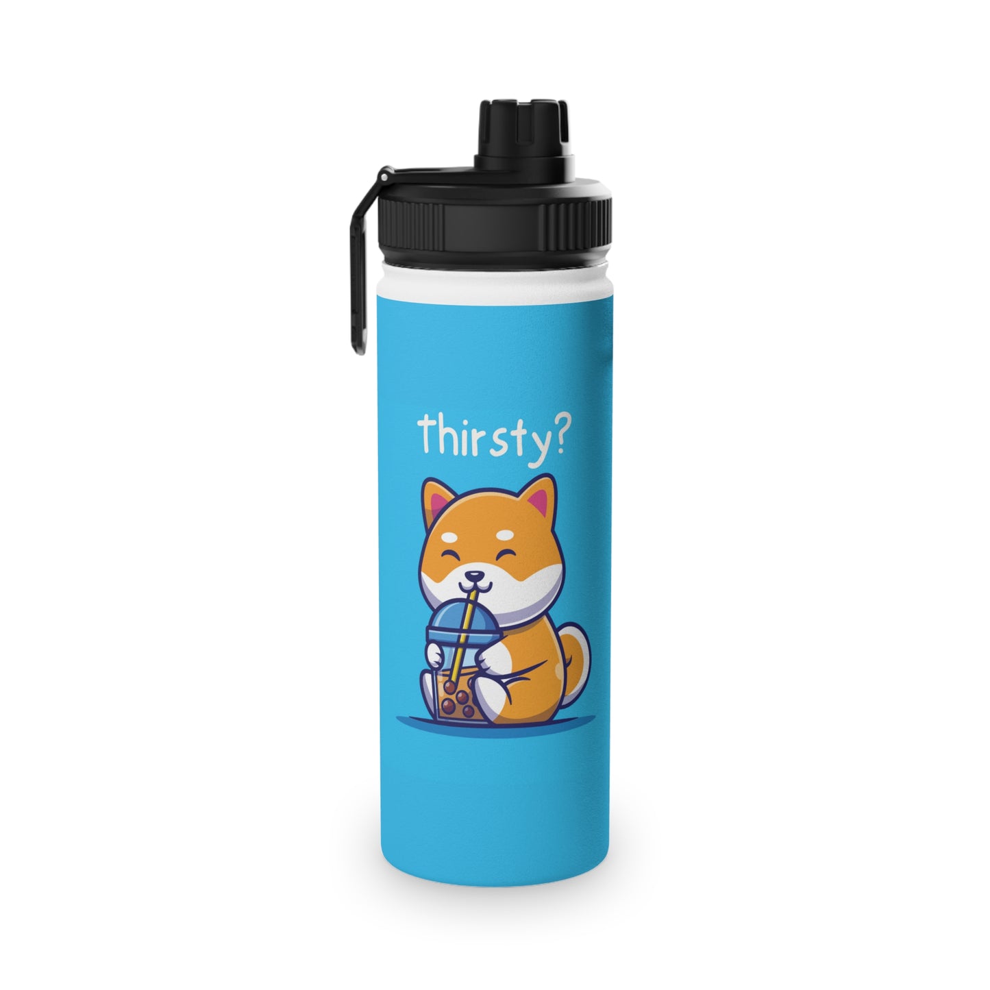 Cute Shiba Inu Drinking Boba Stainless Steel Water Bottle W/ Sports Lid (12 oz, 18 oz, 32 oz)