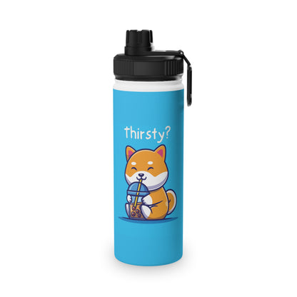 Cute Shiba Inu Drinking Boba Stainless Steel Water Bottle W/ Sports Lid (12 oz, 18 oz, 32 oz)