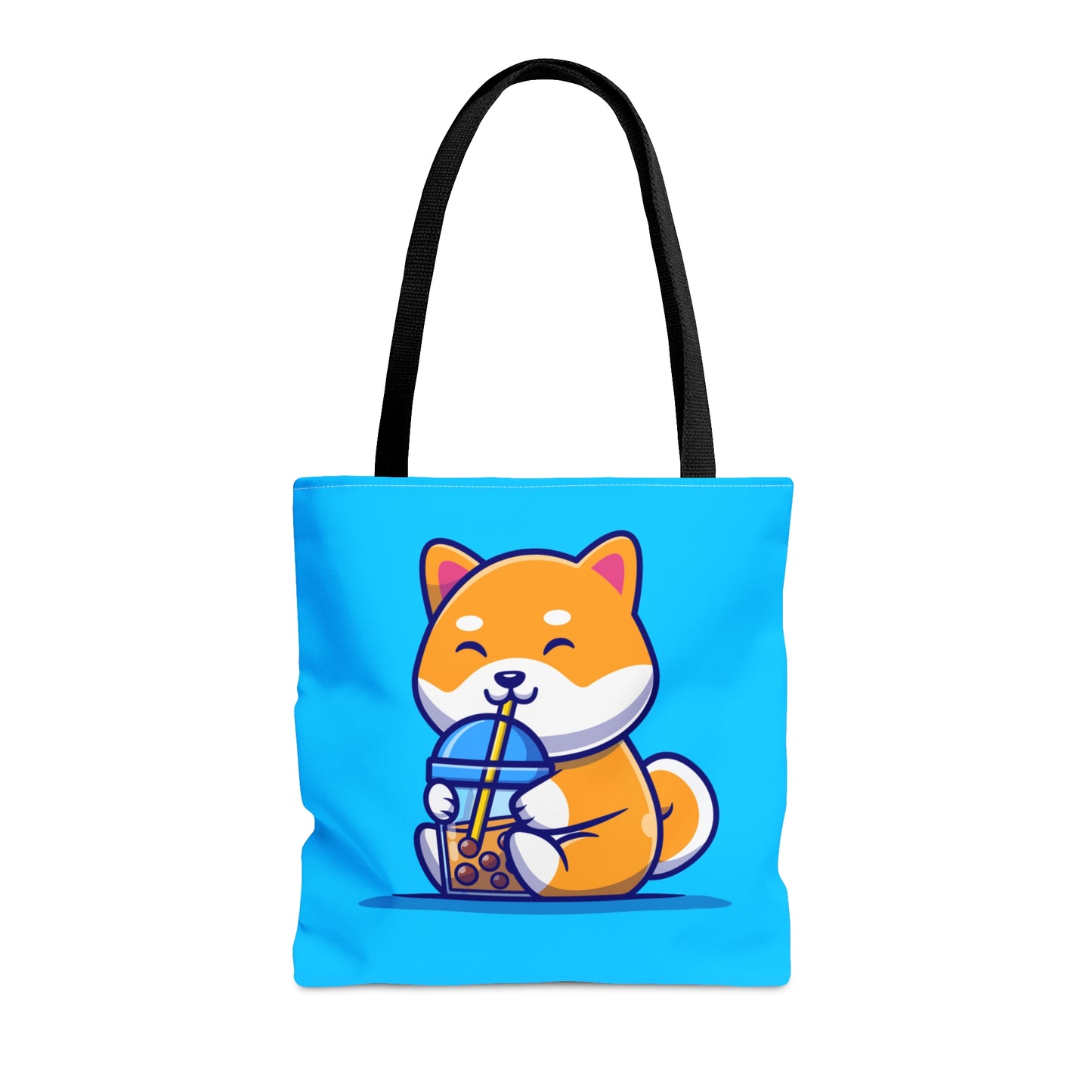 Turquoise Bag with black Handles with orange shiba Inu sitting and drinking boba