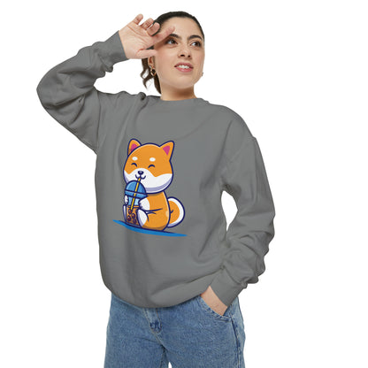 Cute Shiba Inu Drinking Boba Unisex Garment-Dyed Sweatshirt (S-XL)