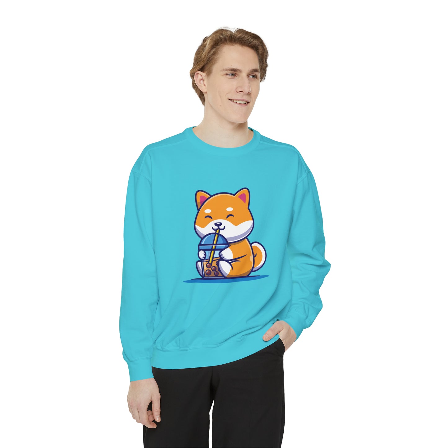 Cute Shiba Inu Drinking Boba Unisex Garment-Dyed Sweatshirt (S-XL)