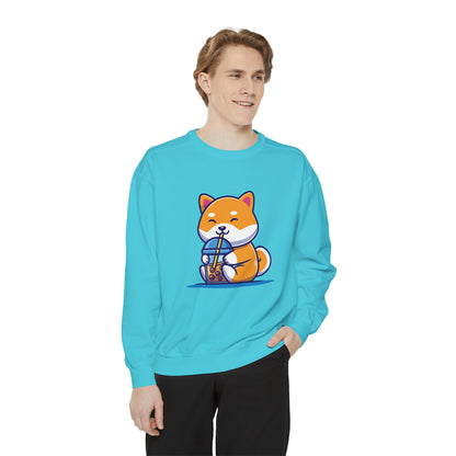 Cute Shiba Inu Drinking Boba Unisex Garment-Dyed Sweatshirt (2XL/3XL)