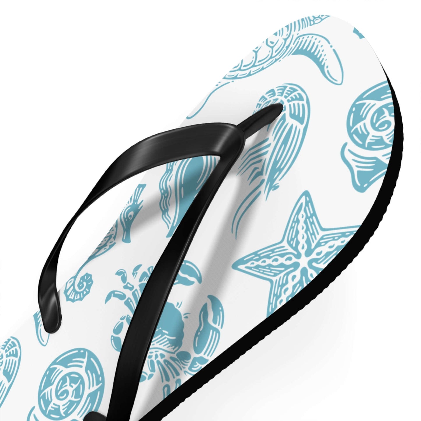 Turtle Beachy Flip Flops featuring nautical ocean shell print perfect for summer outings and beach vibes.