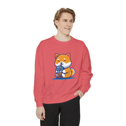 Cute Shiba Inu Drinking Boba Unisex Garment-Dyed Sweatshirt (S-XL)