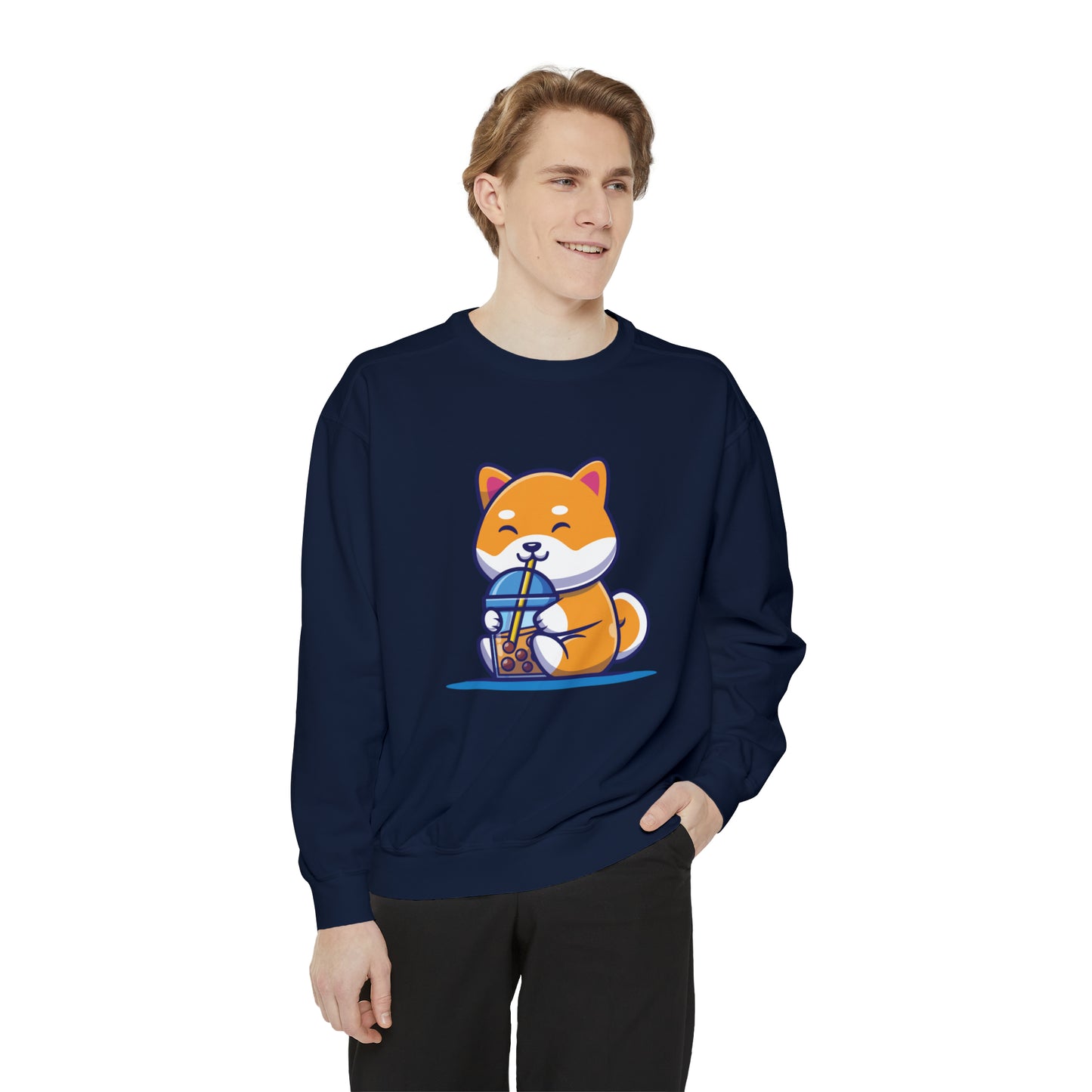 Cute Shiba Inu Drinking Boba Unisex Garment-Dyed Sweatshirt (S-XL)