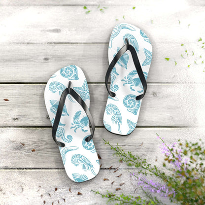 Turtle Beachy Flip Flops with ocean shell print, perfect for summer beach outings and lounging.