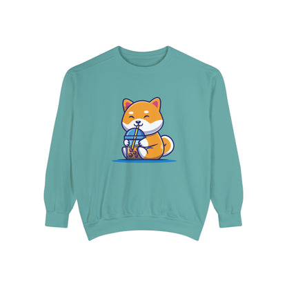 Cute Shiba Inu Drinking Boba Unisex Garment-Dyed Sweatshirt (S-XL)