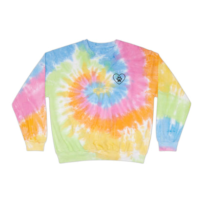 rainbow (Eternity) tie dyed sweatshirt showing the front design featuring chest design of outlined heart with a paw print in the center of it.