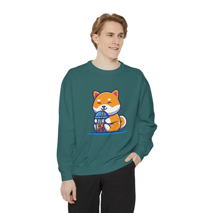 Cute Shiba Inu Drinking Boba Unisex Garment-Dyed Sweatshirt (2XL/3XL)