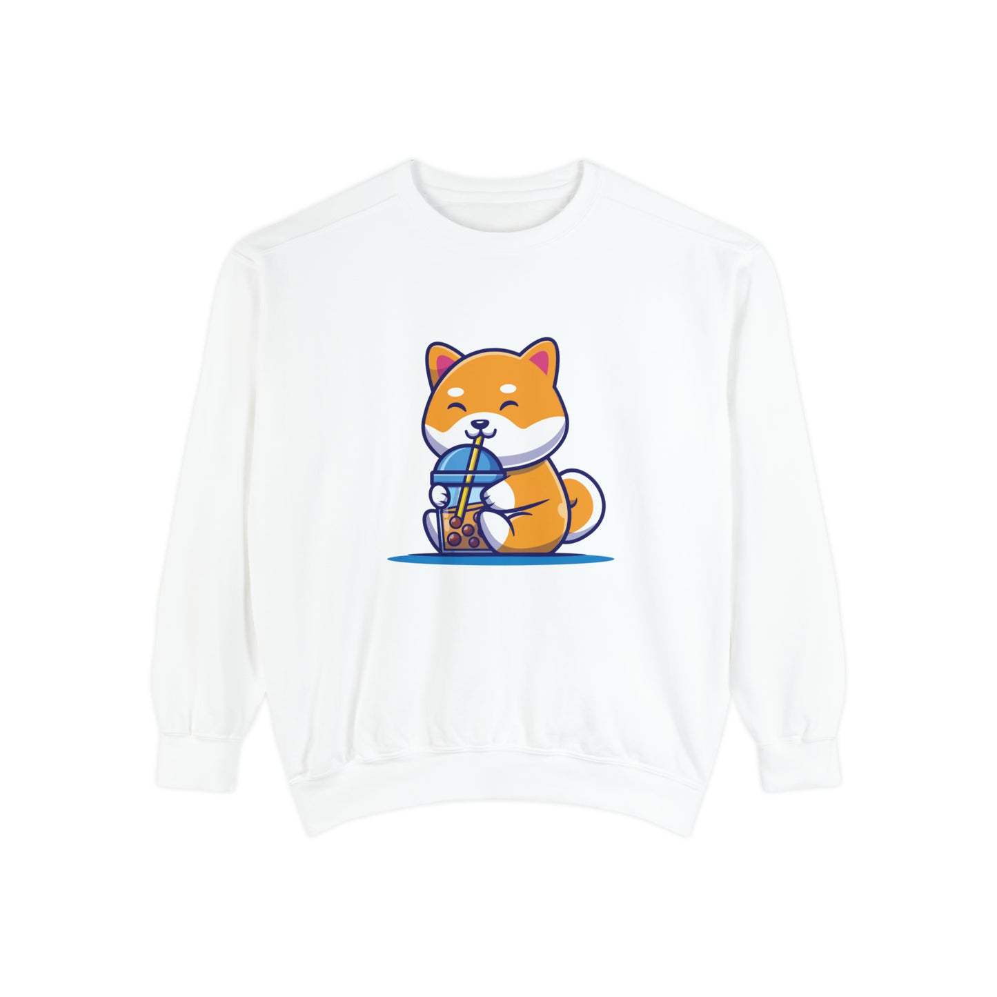 Cute Shiba Inu Drinking Boba Unisex Garment-Dyed Sweatshirt (S-XL)