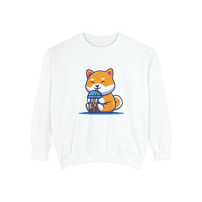 Cute Shiba Inu Drinking Boba Unisex Garment-Dyed Sweatshirt (2XL/3XL)