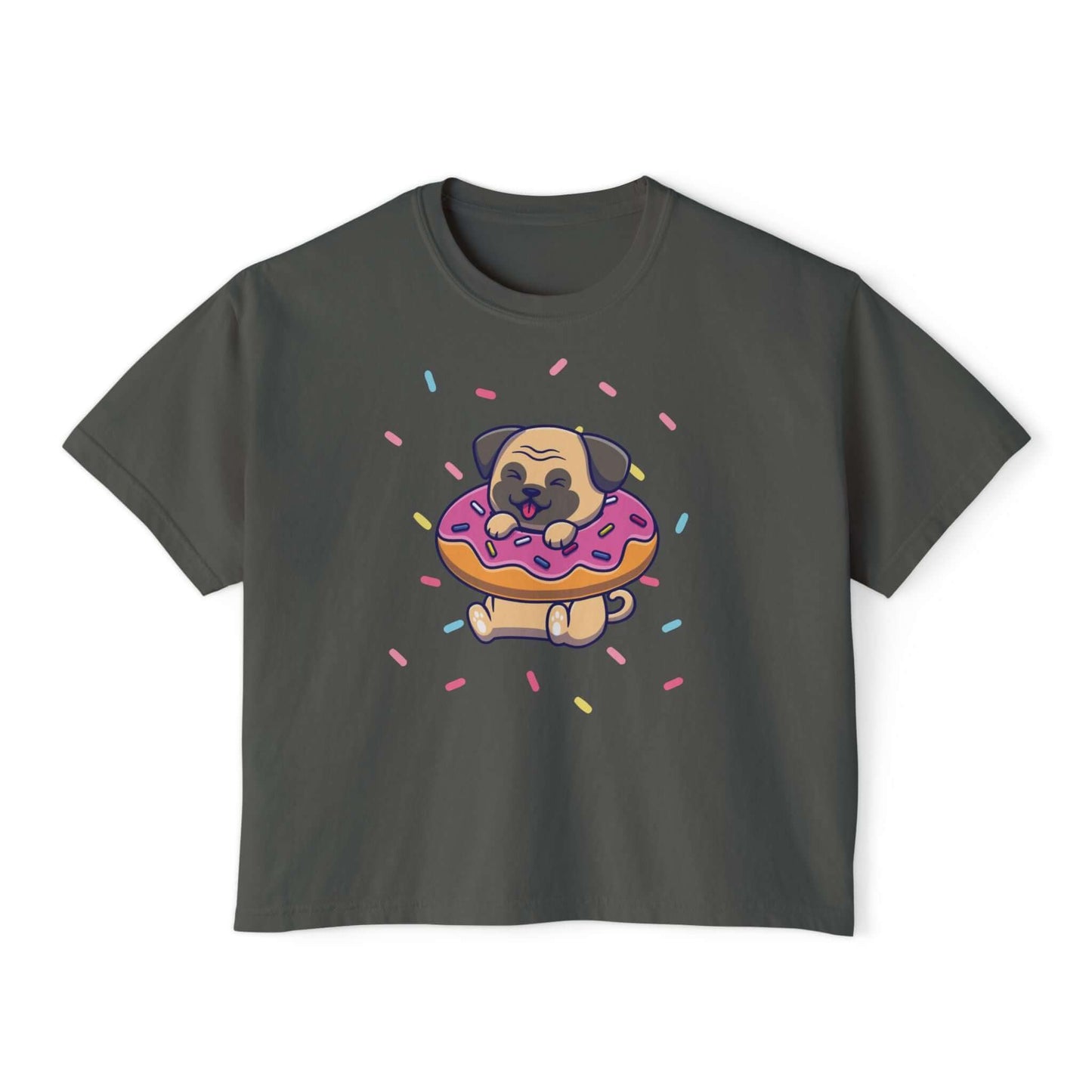 Playful pug graphic tee with donut and sprinkles, perfect summer top for dog lovers.