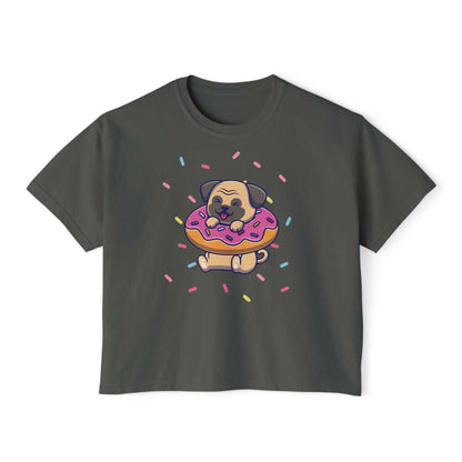Playful pug graphic tee with donut and sprinkles, perfect summer top for dog lovers.